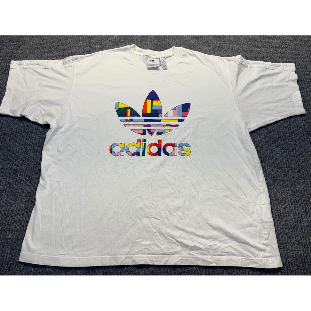 Adidas Originals Mens XL T-Shirt White Multi-Color Geometric Trefoil Logo Tee